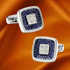 14K White Gold Plated, Blue Sapphire & Diamond Men&#39;s Wedding Cuff-Lings In 925 Sterling Silver, Handmade Men&#39;s Cuff-links For Engagement