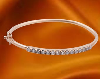 Round Cut Natural Moissanite Bangle Bracelet, 14k Rose Gold Diamond Stackable Bangle Bracelet, Minimalist Statement Jewelry, Gift For Her