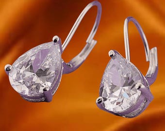 Pendientes de moissanita/diamante con corte de pera, pendientes colgantes para mujer, pendientes de cierre de palanca para mujer, pendientes de novia, regalo para ella, chapados en oro blanco de 14 k