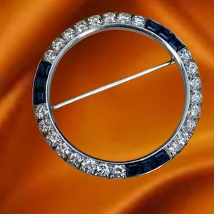 Sapphire & Diamond Circle Brooch Pin, Vintage Diamond Brooch Pin, Bridal Brooch, Estate Jewelry, Gifts for Her, Handmade Art Deco Brooch Pin