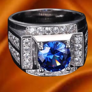 Blue Sapphire Men&#39;s Wedding Band Ring, 925 Sterling Silver Engagement Ring, 14K White Gold, Gift For Him, Birthstone Ring, Cluster Band Ring