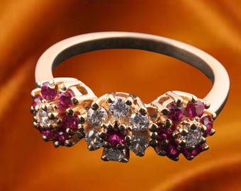 Red Ruby Flower Ring, 14K Yellow Gold Plated, Floral Statement Ring, July Birthstone Jewelry, Romantic Gift for Her, 925 Sterling Silver