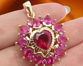 Hjärtslipat rött rubinhänge, 14k gult guld rosa rubinberlockhänge, rubin ädelstenshänge, halsband med födelsesten i juli för mamma, julklapp