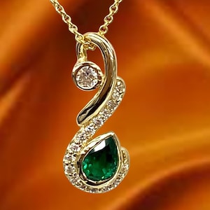 Emerald-Diamond Pendant-Vivid Green Emerald Necklace-Emerald Pendant, 14K Yellow Gold Plated, Gift Pendant, May Birthstone, Sterling Silver