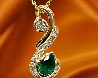 Emerald-Diamond Pendant-Vivid Green Emerald Necklace-Emerald Pendant, 14K Yellow Gold Plated, Gift Pendant, May Birthstone, Sterling Silver