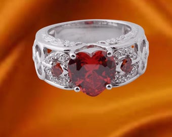 Anillo de rubí rojo con forma de corazón, anillo de diamantes en oro blanco de 14 k, anillo de promesa de aniversario para mujer, anillo hecho a mano con piedra de nacimiento de julio, regalo para ella