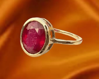 Oval Cut Red Ruby Bezel Set Ring, 14K Yellow Gold Plated Solitaire Ring, 925 Sterling Silver Stacking Ring, Designer Ruby Ring, Gift for Her