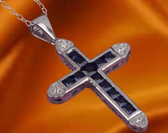 Blå safir korshänge, 14k vitguld prinsessa safir diamant korshänge, kvinnors korshänge, religiös julklapp till henne