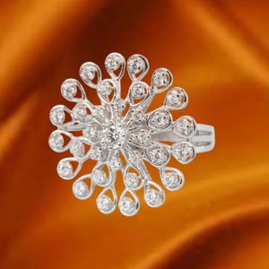 Round Cut Moissanite Ring, 14k White Gold Moissanite & Diamond Cluster Ring, Women&#39;s Wedding Diamond Ring, Handmade Flower Ring for Her