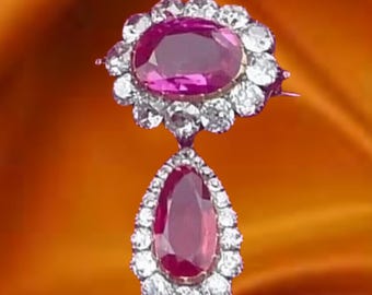Spilla vintage con rubino rosa taglio ovale, spilla con alone di diamanti in oro bianco 14k, spilla con rubino rosa fatta a mano
