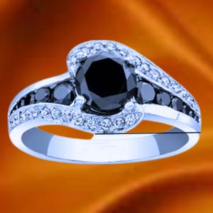 Solid 925 Sterling Silver, Round Black Onyx Wedding Ring, Black Diamond Women&#39;s Engagement Band, 14K White Gold Plated, Enhancer Gift Ring