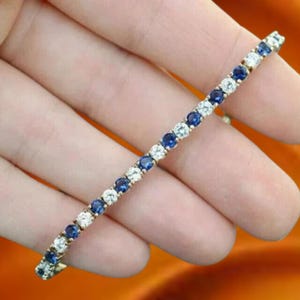 Round Blue Sapphire & Diamond Bracelet, 14k Yellow Gold Gemstone Tennis Bracelet, Women's Wedding Handmade Jewelry, Christmas Gift For Wife