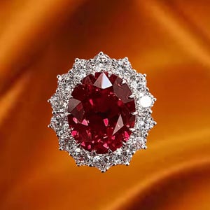 May include: A ruby gemstone ring with a halo of diamonds. The central, oval-cut ruby is a deep red hue, encircled by smaller, brilliant white diamonds. The setting is silver-toned. The background is a warm, golden colour.