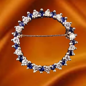 Vintage Diamond Brooch Pin, Sapphire And Diamond Circle Pin, Sterling Silver Brooch, Diamond Brooch, Anniversary Gift, 14K White Gold Plated