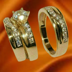 Engagement Wedding Diamond  Trio Sets, Round Cut Moissanite Wedding His & Her Band Ring, Couple Matching Trio Ring Set, Gift For Couple
