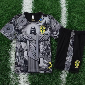 Brazil 2025/26 Black & Gray Christ the Redeemer Football Kit | Soccer Outfit for Kids Adults