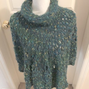 Poncho Teal Green Mohair Tweed Poncho Striped Poncho Gift for Her Poncho Crochet Knit Poncho Handmade