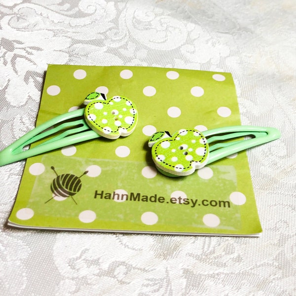 Hair Clips Green Apple Hair Clips Snap Hair Clips Girls Hair Clips Gift for Girls Wooden Button Apple Hair Clips Hair Accessories