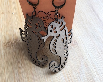 Wooden Seahorse Earrings, Lightweight Summer Jewelry