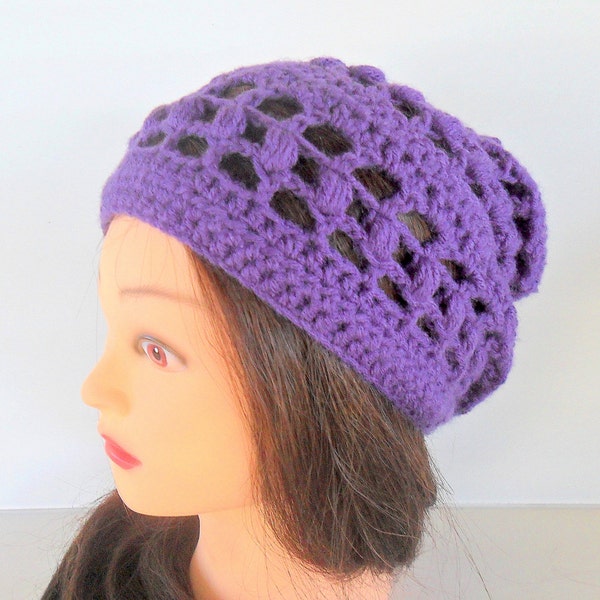 Clearance. Inventory Reduction Sale, Purple Filet Crochet Slouchy Beanie