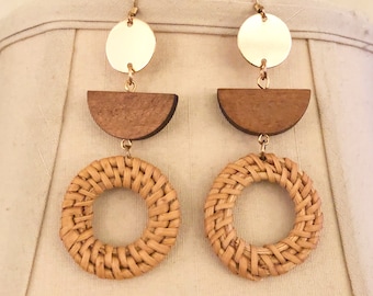 Geometric Drop Earrings Circles Half Moon Mixed Metal wood Earrings Gift For Her