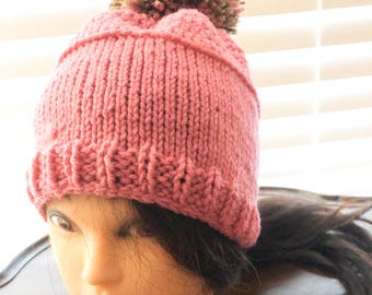 Hand Knitted Pink Pom Pom Beanie - Acrylic Winter Hat
