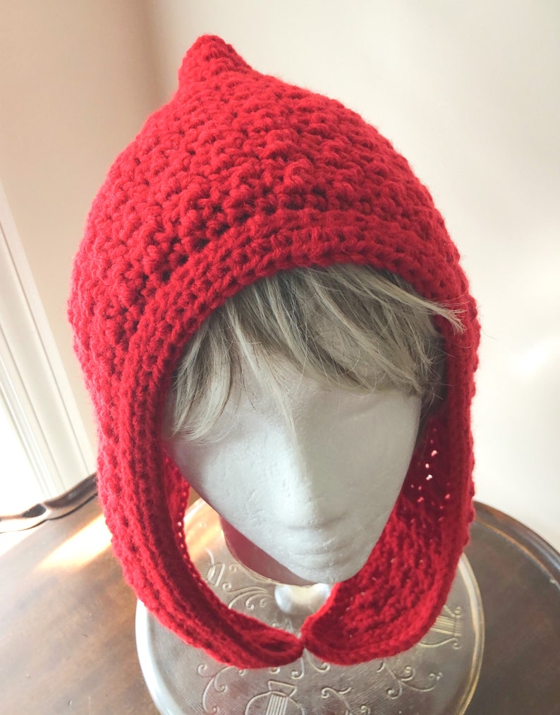 Pixie Hood Crocheted Hood Red Hood Elf Hood Adult/Teen Hood Hat Red Hood Hat image 3