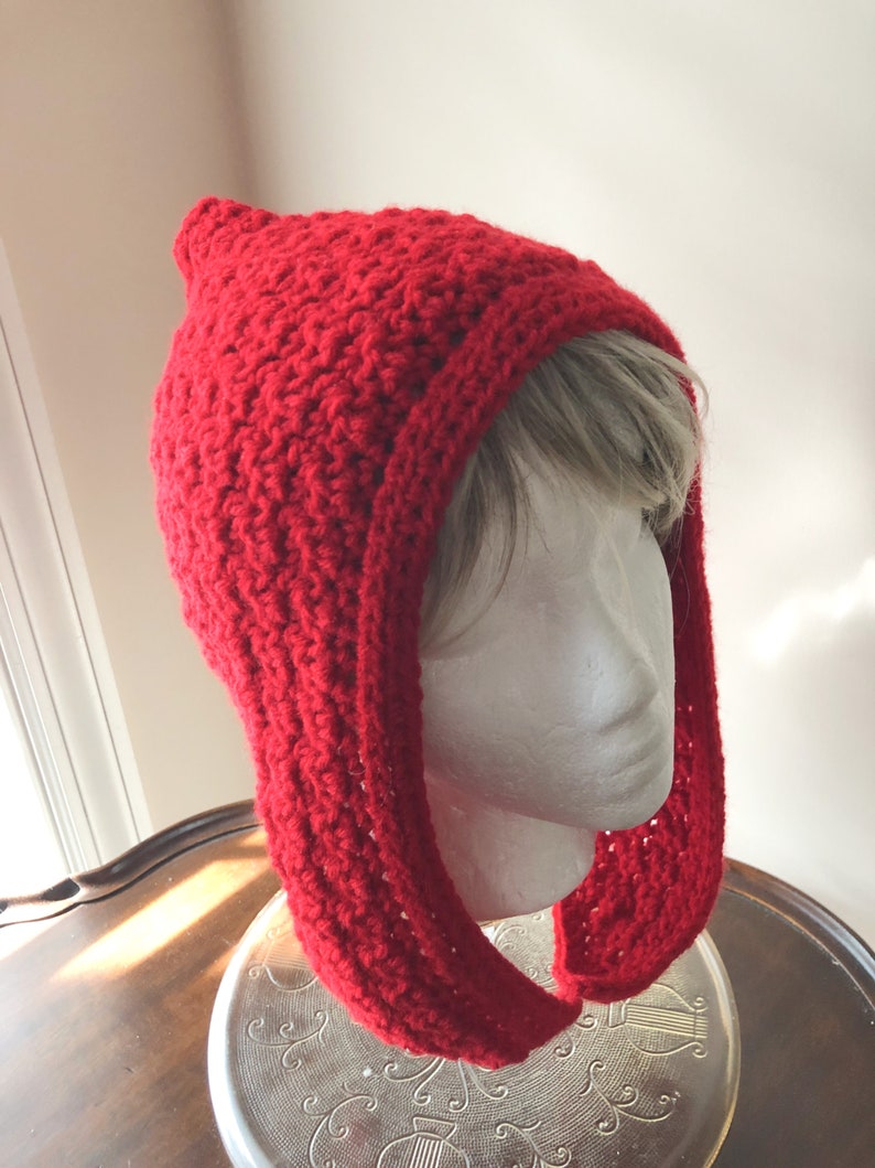 Pixie Hood Crocheted Hood Red Hood Elf Hood Adult/Teen Hood Hat Red Hood Hat image 5