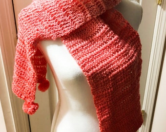 CLEARANCE Scarf Coral Scarf Tunisian Stitch Scarf Gift For Her PomPom Scarf Wrap Shawl Coral Wrap Coral Shawl