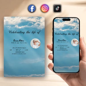May include: A memorial invitation with a blue sky and cloud background. The text reads "Celebrating the life of Susan Peters." A photo of Susan is included. The invitation is also displayed on a smartphone.