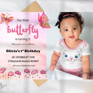 Editable Our Little Butterfly First Birthday Invitation Template, Editable Canva Template, 1st Birthday Invite, Girl Birthday Digital Evite