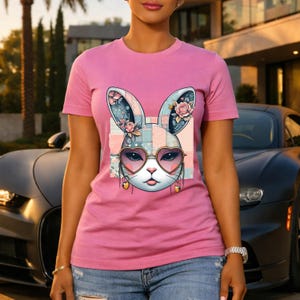 Floral Patchwork Bunny Face T-Shirt | Cute Rabbit Portrait Tee