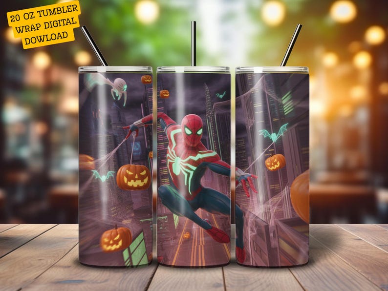Puede incluir: Un dise&ntilde;o de vaso de 20 oz con tem&aacute;tica de Halloween que presenta a Spider-Man. El dise&ntilde;o incluye calabazas, murci&eacute;lagos y un paisaje urbano. El vaso tiene el texto "20 OZ TUMBLER WRAP DIGITAL DOWNLOAD".