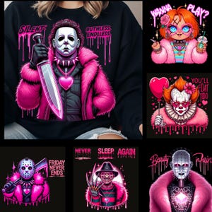 May include: A collection of black graphic t-shirts and sweatshirts featuring horror movie characters in pink and black designs. The designs include Michael Myers, Chucky, Pennywise, Freddy Krueger, and Pinhead.