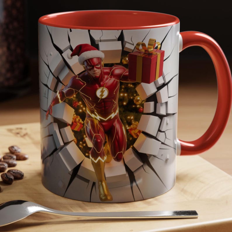 Peut inclure: Mug en c&eacute;ramique rouge et blanche avec Flash portant un bonnet de P&egrave;re No&euml;l, per&ccedil;ant un mur avec un cadeau de No&euml;l. L'int&eacute;rieur et la anse sont rouges, parfait pour le caf&eacute; ou le th&eacute;.