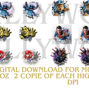 May include: A digital download featuring various cartoon characters bursting through a cracked wall effect. Characters include Stitch, Spider-Man, and the Minions. The text reads "DIGITAL DOWNLOAD FOR MUG 11 OZ (ET MUG 15 OZ 2 COPIE OF EACH HIGH RESOLUTION 300 DPI."