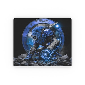 Cyber Lion Illustration Rectangular Mouse Pad  Futuristic Blue Tech