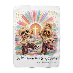 Peaceful Puppy Duo Sherpa Fleece Blanket | Christian Cross, Lamentations 3:22-23