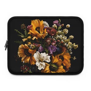 Sunflower Bouquet Laptop Sleeve | Vintage Floral Cluster, Dark Background