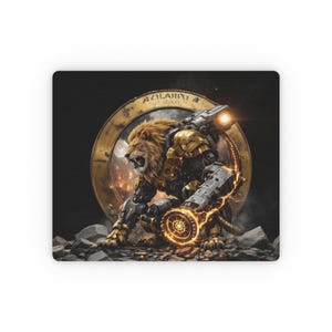 Mechanical Lion Warrior Rectangular Mouse Pad Sci Fi Armor Steampunk Emblem