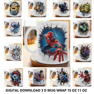 Può includere: Collezione di tazze in ceramica bianca con vari personaggi dei cartoni animati e supereroi, tra cui Spider-Man e Shrek. Ogni tazza presenta un design 3D, con i personaggi che sembrano sfondare un muro. Il testo "DIGITAL DOWNLOAD 3 D MUG WRAP 15 OZ 11 OZ" è in basso.