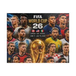 Peut inclure: Un puzzle rectangulaire présentant un collage de joueurs de football professionnels, le logo de la Coupe du Monde de la FIFA 26, les drapeaux du Canada, des États-Unis et du Mexique, le texte June 11 - July 19, 2026 et un grand trophée doré.