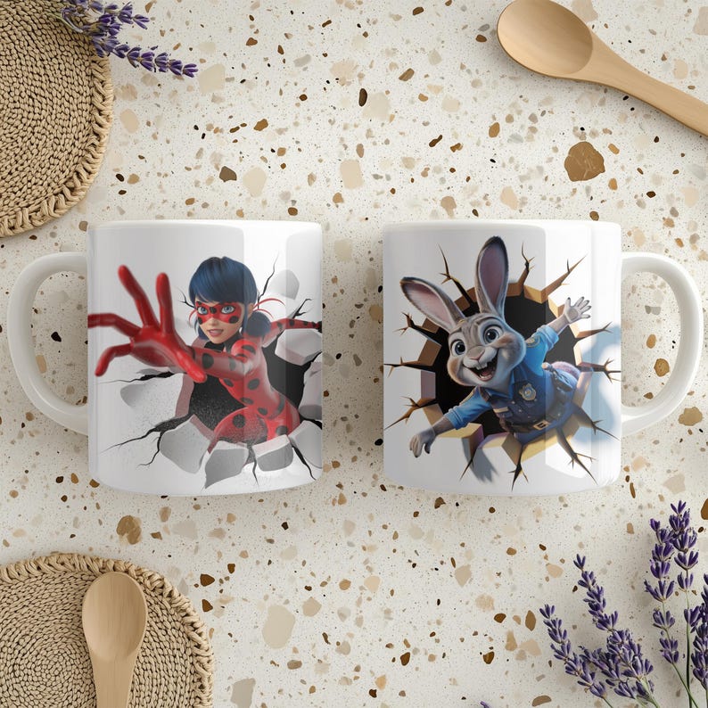 May include: Two white ceramic mugs with cartoon character designs. One mug features a red and black spotted character, and the other depicts a smiling rabbit in a police uniform. Both designs appear to be breaking through a wall.