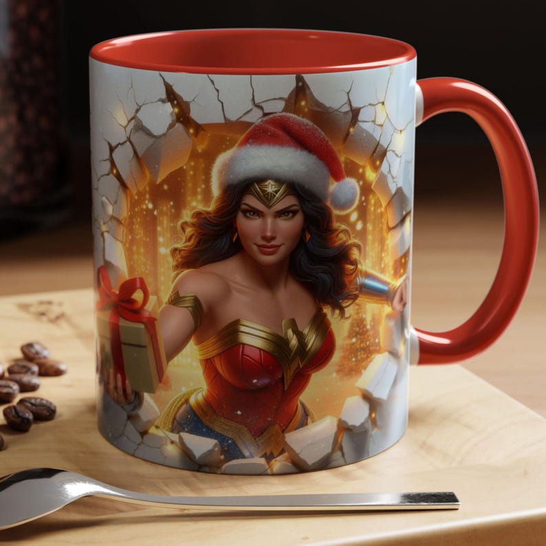 Peut inclure: Mug &agrave; caf&eacute; avec une anse rouge, repr&eacute;sentant Wonder Woman avec un bonnet de P&egrave;re No&euml;l, tenant un cadeau. L'int&eacute;rieur de la tasse est rouge, et le motif montre Wonder Woman brisant un mur avec un arri&egrave;re-plan festif.