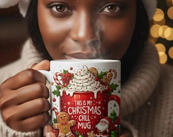 Christmas Mug PNG, Holiday Coffee Cup Printable, Festive Xmas Clipart, Santa Reindeer Snowflake Digital Download