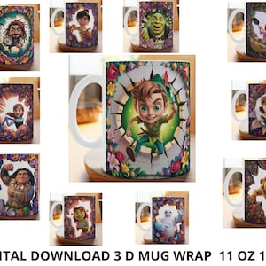 Peut inclure: Collection de onze mugs en céramique blanche, chacun avec un design de personnage de dessin animé différent. Les mugs présentent des graphiques enveloppants colorés, dont Peter Pan, Shrek et Moana. Le texte "DIGITAL DOWNLOAD 3 D MUG WRAP 11 OZ 15 OZ" est en bas.