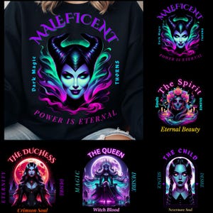 Może przedstawiać: Czarna bluza z żywą grafiką Maleficent i napisem "Maleficent, Dark Magic, Power is Eternal, Thorns." Dodatkowe projekty to "The Spirit, Eternal Beauty" i "The Duchess, Crimson Soul."