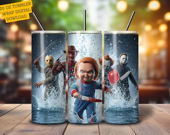 Paquete de tazas 3D de terror de Halloween de 593 ml: Chucky, Jason, Michael y Freddy, envoltura digital de dibujos animados espeluznantes, diseño de película de terror