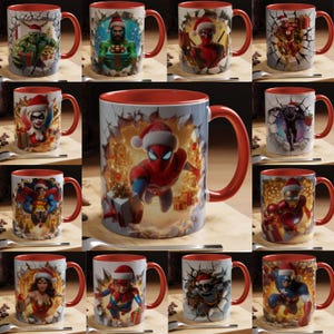 Peut inclure: Une collection de mugs en céramique avec des intérieurs et des poignées rouges, chacun représentant un super-héros avec un chapeau de Père Noël. Les mugs présentent des personnages comme Spider-Man, Superman et Batman, avec un thème de Noël festif. Les mugs sont décorés de couleurs vives et d'illustrations détaillées.