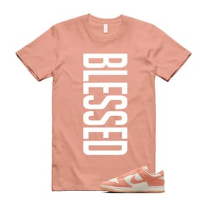 Pu&ograve; includere: Una maglietta color pesca con la scritta "BLESSED" in grandi lettere maiuscole bianche. Un paio di scarpe da ginnastica color pesca e bianche si trova nella parte inferiore della maglietta. La maglietta e le scarpe da ginnastica sono su sfondo bianco.